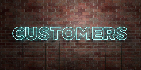 CUSTOMERS - fluorescent Neon tube Sign on brickwork - Front view - 3D rendered royalty free stock picture. Can be used for online banner ads and direct mailers..