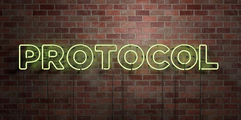 PROTOCOL - fluorescent Neon tube Sign on brickwork - Front view - 3D rendered royalty free stock picture. Can be used for online banner ads and direct mailers..