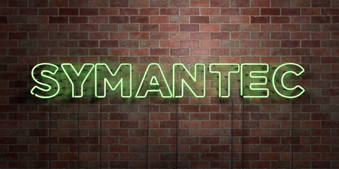 SYMANTEC - fluorescent Neon tube Sign on brickwork - Front view - 3D rendered royalty free stock picture. Can be used for online banner ads and direct mailers..