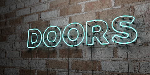 DOORS - Glowing Neon Sign on stonework wall - 3D rendered royalty free stock illustration.  Can be used for online banner ads and direct mailers..
