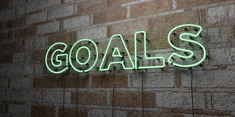 GOALS - Glowing Neon Sign on stonework wall - 3D rendered royalty free stock illustration.  Can be used for online banner ads and direct mailers..