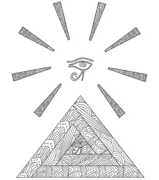 Doodle coloring book with the symbol of the Egyptian pyramids and the Eye of Horus in the center of triangle. From the eye of Horus diverging the rays of sun.