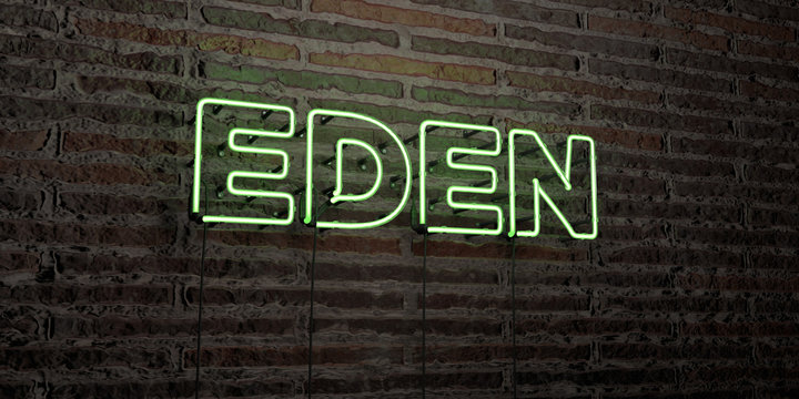 EDEN -Realistic Neon Sign on Brick Wall background - 3D rendered royalty free stock image. Can be used for online banner ads and direct mailers..