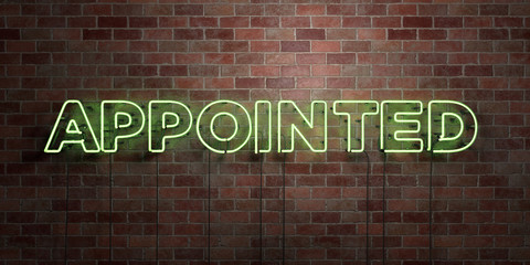 APPOINTED - fluorescent Neon tube Sign on brickwork - Front view - 3D rendered royalty free stock picture. Can be used for online banner ads and direct mailers..