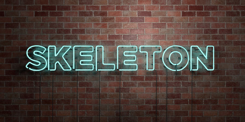 SKELETON - fluorescent Neon tube Sign on brickwork - Front view - 3D rendered royalty free stock picture. Can be used for online banner ads and direct mailers..