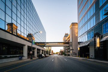 Modern buildings and Friendly Avenue, in downtown Greensboro, No
