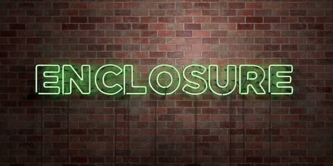 ENCLOSURE - fluorescent Neon tube Sign on brickwork - Front view - 3D rendered royalty free stock picture. Can be used for online banner ads and direct mailers..