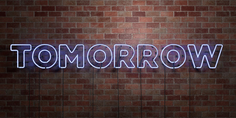TOMORROW - fluorescent Neon tube Sign on brickwork - Front view - 3D rendered royalty free stock picture. Can be used for online banner ads and direct mailers..