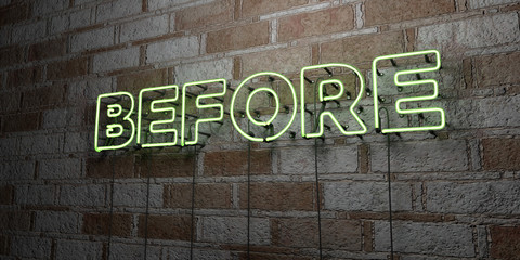 BEFORE - Glowing Neon Sign on stonework wall - 3D rendered royalty free stock illustration.  Can be used for online banner ads and direct mailers..