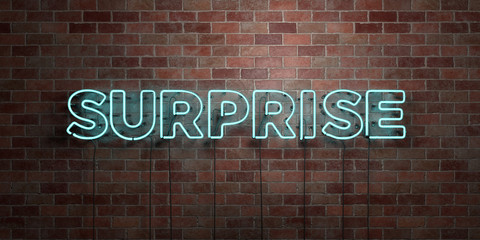 SURPRISE - fluorescent Neon tube Sign on brickwork - Front view - 3D rendered royalty free stock picture. Can be used for online banner ads and direct mailers..