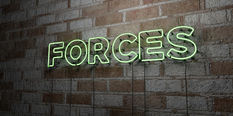 Fototapeta na wymiar FORCES - Glowing Neon Sign on stonework wall - 3D rendered royalty free stock illustration. Can be used for online banner ads and direct mailers..