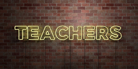 TEACHERS - fluorescent Neon tube Sign on brickwork - Front view - 3D rendered royalty free stock picture. Can be used for online banner ads and direct mailers..