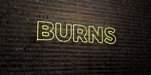 BURNS -Realistic Neon Sign on Brick Wall background - 3D rendered royalty free stock image. Can be used for online banner ads and direct mailers..