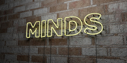 MINDS - Glowing Neon Sign on stonework wall - 3D rendered royalty free stock illustration.  Can be used for online banner ads and direct mailers..