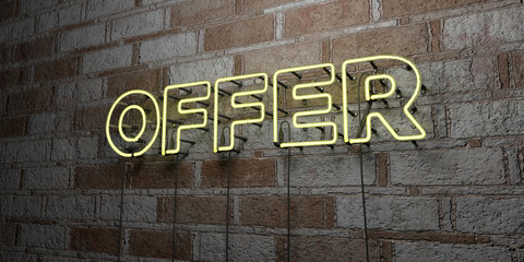 OFFER - Glowing Neon Sign on stonework wall - 3D rendered royalty free stock illustration.  Can be used for online banner ads and direct mailers..