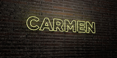 CARMEN -Realistic Neon Sign on Brick Wall background - 3D rendered royalty free stock image. Can be used for online banner ads and direct mailers..