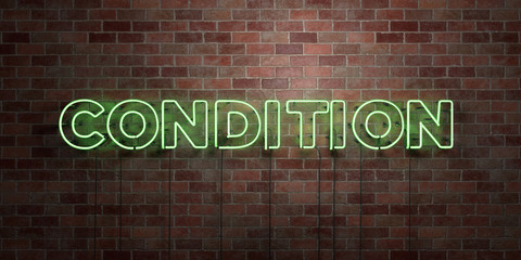 CONDITION - fluorescent Neon tube Sign on brickwork - Front view - 3D rendered royalty free stock picture. Can be used for online banner ads and direct mailers..