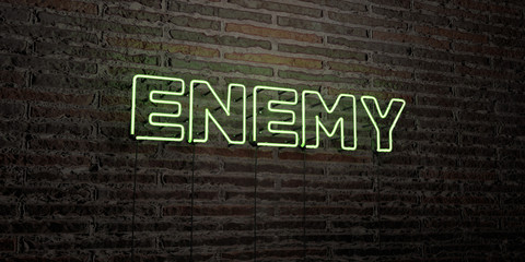 ENEMY -Realistic Neon Sign on Brick Wall background - 3D rendered royalty free stock image. Can be used for online banner ads and direct mailers..