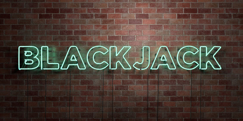 BLACKJACK - fluorescent Neon tube Sign on brickwork - Front view - 3D rendered royalty free stock picture. Can be used for online banner ads and direct mailers..