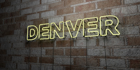 DENVER - Glowing Neon Sign on stonework wall - 3D rendered royalty free stock illustration.  Can be used for online banner ads and direct mailers..