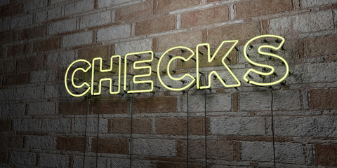 CHECKS - Glowing Neon Sign on stonework wall - 3D rendered royalty free stock illustration.  Can be used for online banner ads and direct mailers..