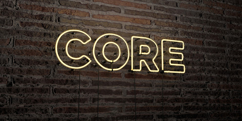 CORE -Realistic Neon Sign on Brick Wall background - 3D rendered royalty free stock image. Can be used for online banner ads and direct mailers..