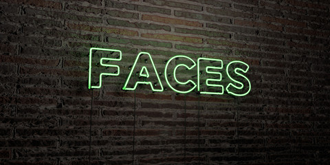 FACES -Realistic Neon Sign on Brick Wall background - 3D rendered royalty free stock image. Can be used for online banner ads and direct mailers..