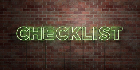 CHECKLIST - fluorescent Neon tube Sign on brickwork - Front view - 3D rendered royalty free stock picture. Can be used for online banner ads and direct mailers..