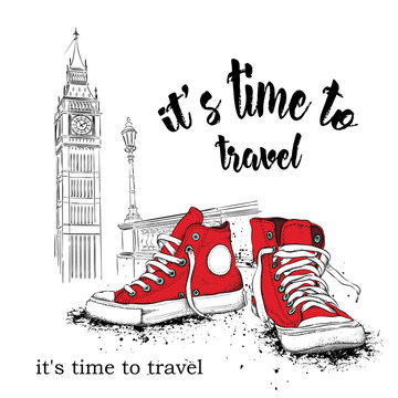 Hand drawn sneakers on background. Run Concept. London, Big Ben. Vector illustration