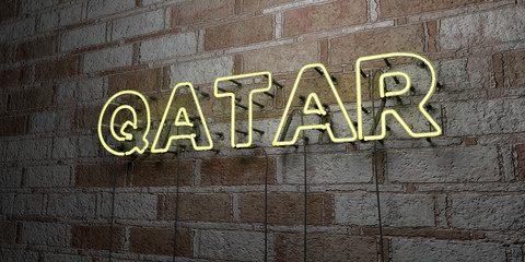 QATAR - Glowing Neon Sign on stonework wall - 3D rendered royalty free stock illustration.  Can be used for online banner ads and direct mailers..