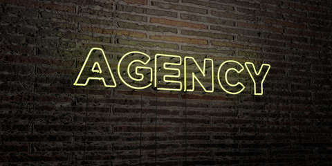 AGENCY -Realistic Neon Sign on Brick Wall background - 3D rendered royalty free stock image. Can be used for online banner ads and direct mailers..
