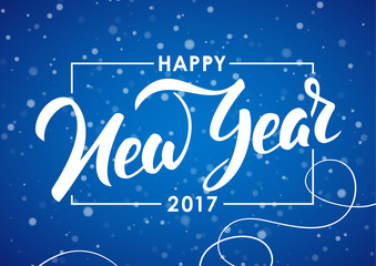 Vector illustration. Hand drawn elegant modern brush lettering of Happy New Year 2017  on blue snoflakes background.