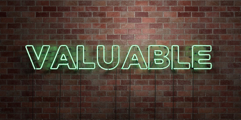 VALUABLE - fluorescent Neon tube Sign on brickwork - Front view - 3D rendered royalty free stock picture. Can be used for online banner ads and direct mailers..