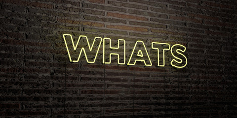 WHATS -Realistic Neon Sign on Brick Wall background - 3D rendered royalty free stock image. Can be used for online banner ads and direct mailers..
