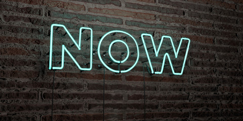 NOW -Realistic Neon Sign on Brick Wall background - 3D rendered royalty free stock image. Can be used for online banner ads and direct mailers..