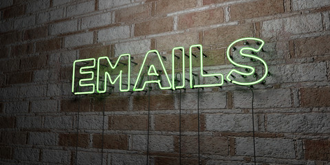 Fototapeta na wymiar EMAILS - Glowing Neon Sign on stonework wall - 3D rendered royalty free stock illustration. Can be used for online banner ads and direct mailers..