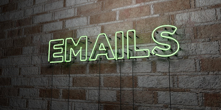 EMAILS - Glowing Neon Sign on stonework wall - 3D rendered royalty free stock illustration.  Can be used for online banner ads and direct mailers..