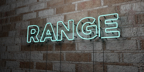 RANGE - Glowing Neon Sign on stonework wall - 3D rendered royalty free stock illustration.  Can be used for online banner ads and direct mailers..