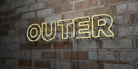 OUTER - Glowing Neon Sign on stonework wall - 3D rendered royalty free stock illustration.  Can be used for online banner ads and direct mailers..
