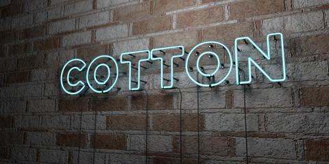 COTTON - Glowing Neon Sign on stonework wall - 3D rendered royalty free stock illustration.  Can be used for online banner ads and direct mailers..