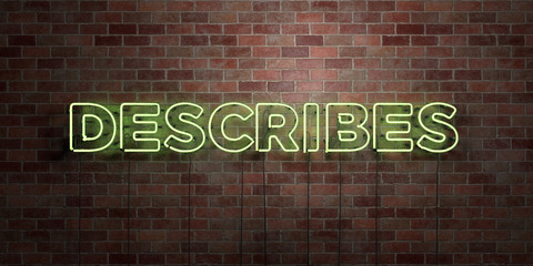 DESCRIBES - fluorescent Neon tube Sign on brickwork - Front view - 3D rendered royalty free stock picture. Can be used for online banner ads and direct mailers..