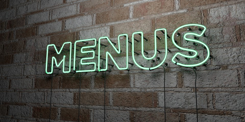 MENUS - Glowing Neon Sign on stonework wall - 3D rendered royalty free stock illustration.  Can be used for online banner ads and direct mailers..