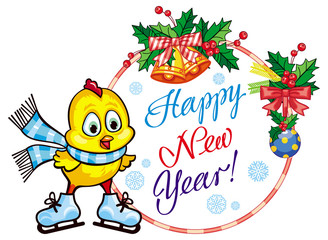 Holiday label with cute chicken and greeting text: