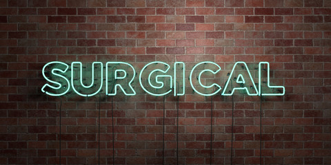 SURGICAL - fluorescent Neon tube Sign on brickwork - Front view - 3D rendered royalty free stock picture. Can be used for online banner ads and direct mailers..