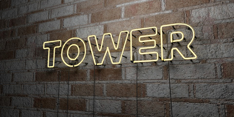 Fototapeta premium TOWER - Glowing Neon Sign on stonework wall - 3D rendered royalty free stock illustration. Can be used for online banner ads and direct mailers..