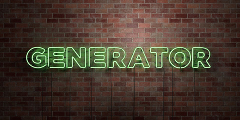 GENERATOR - fluorescent Neon tube Sign on brickwork - Front view - 3D rendered royalty free stock picture. Can be used for online banner ads and direct mailers..