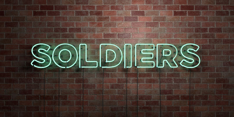 Fototapeta premium SOLDIERS - fluorescent Neon tube Sign on brickwork - Front view - 3D rendered royalty free stock picture. Can be used for online banner ads and direct mailers..