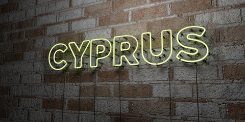 CYPRUS - Glowing Neon Sign on stonework wall - 3D rendered royalty free stock illustration.  Can be used for online banner ads and direct mailers..