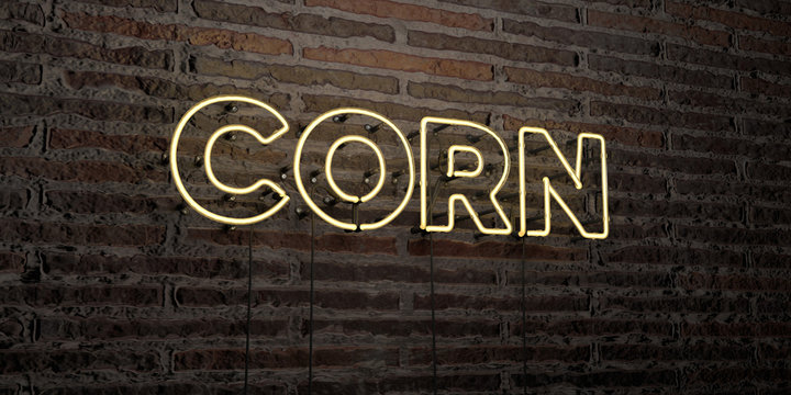 CORN -Realistic Neon Sign on Brick Wall background - 3D rendered royalty free stock image. Can be used for online banner ads and direct mailers..