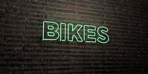 BIKES -Realistic Neon Sign on Brick Wall background - 3D rendered royalty free stock image. Can be used for online banner ads and direct mailers..